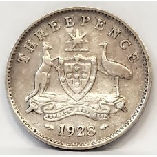 AUSTRALIA 1928 . THREEPENCE . VARIETY . DOT ABOVE EMU FOOT